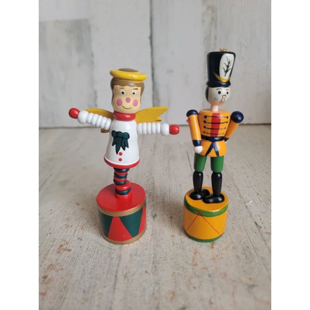 Vintage angel solider thumb push puppet toy set Xmas wooden unique